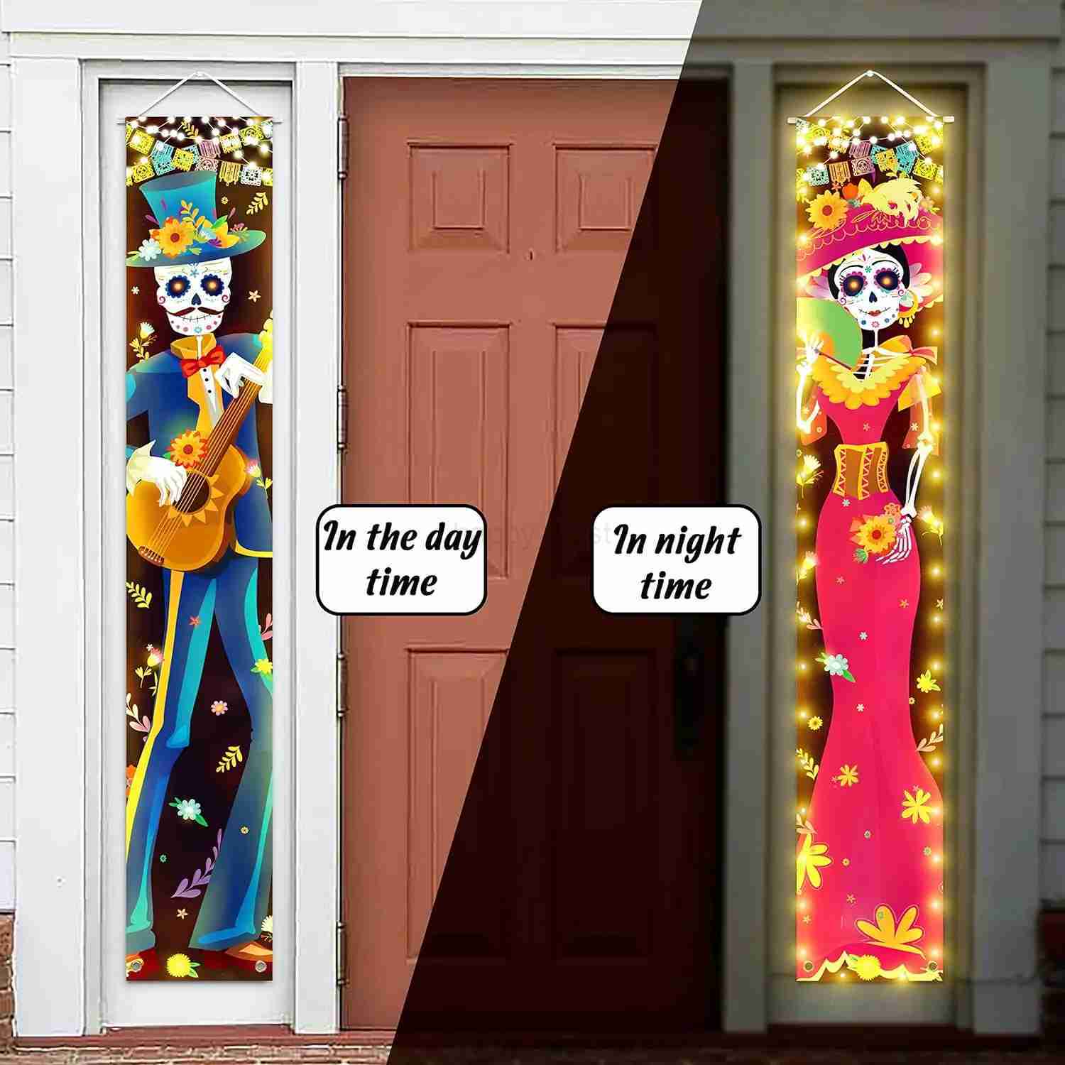 Halloween Lighted Porch Signs Banners Decorations Indoor Dia De Los Muertos Day of The Dead Outdoor Wall Door Couplet Decor 2PCSCL240725