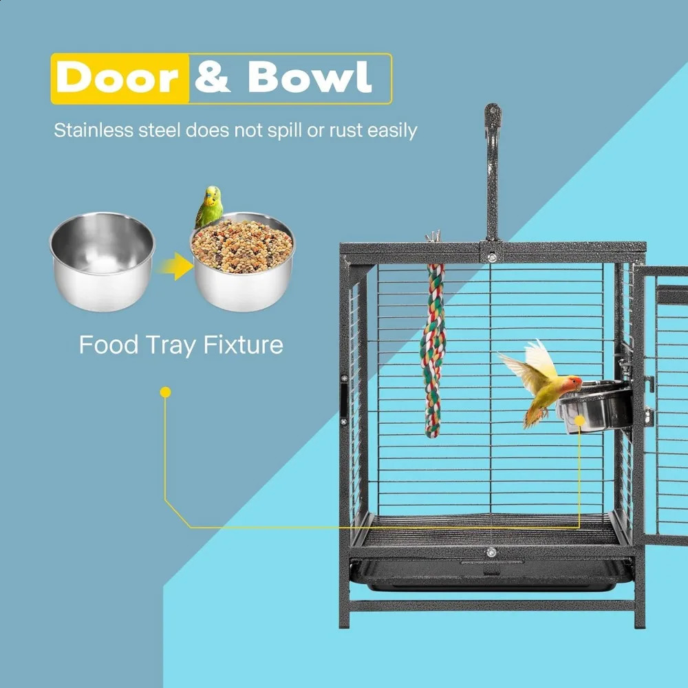 19 Inch Wrought Iron Bird Travel Cage for Parrots Conures Lovebird Cockatiel Parakeets Black 240724