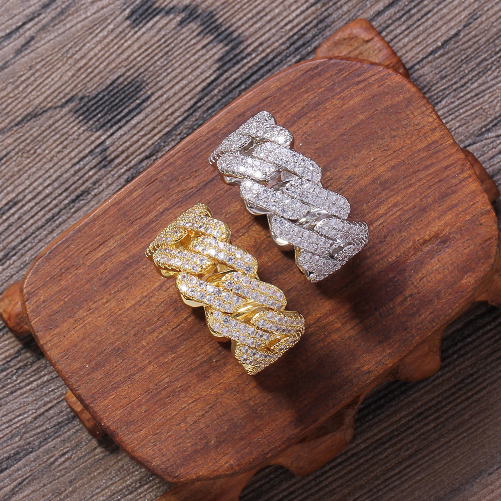 Hip Hop 11mm Rhombus Cuban Chain Rings 18K Real Gold Plated Mens Rap Jewelry