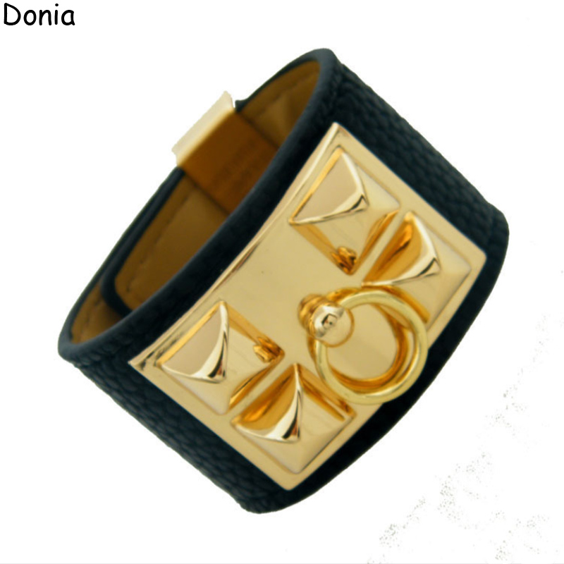 Donia luxury bracelet movable buttons titanium steel European and American fashion designer leather bracelet with box.