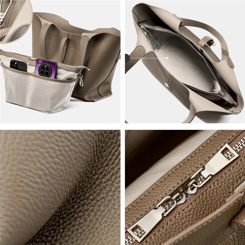 Burminsa Cowhide leather tote bag for women trend ner shopping cart commuting A4 womens handbag gray black 240820