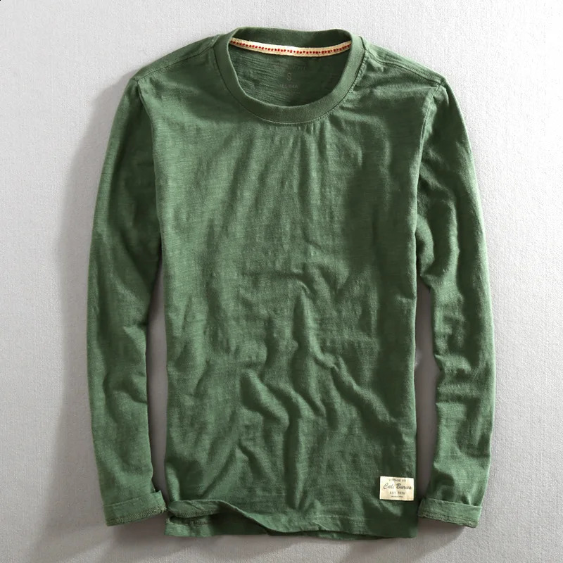 Mens Vintage Solid Bamboo Cotton Long Sleeve T-Shirt Male Tops O-Neck Casual Thin Tees Slub T Shirts 240812
