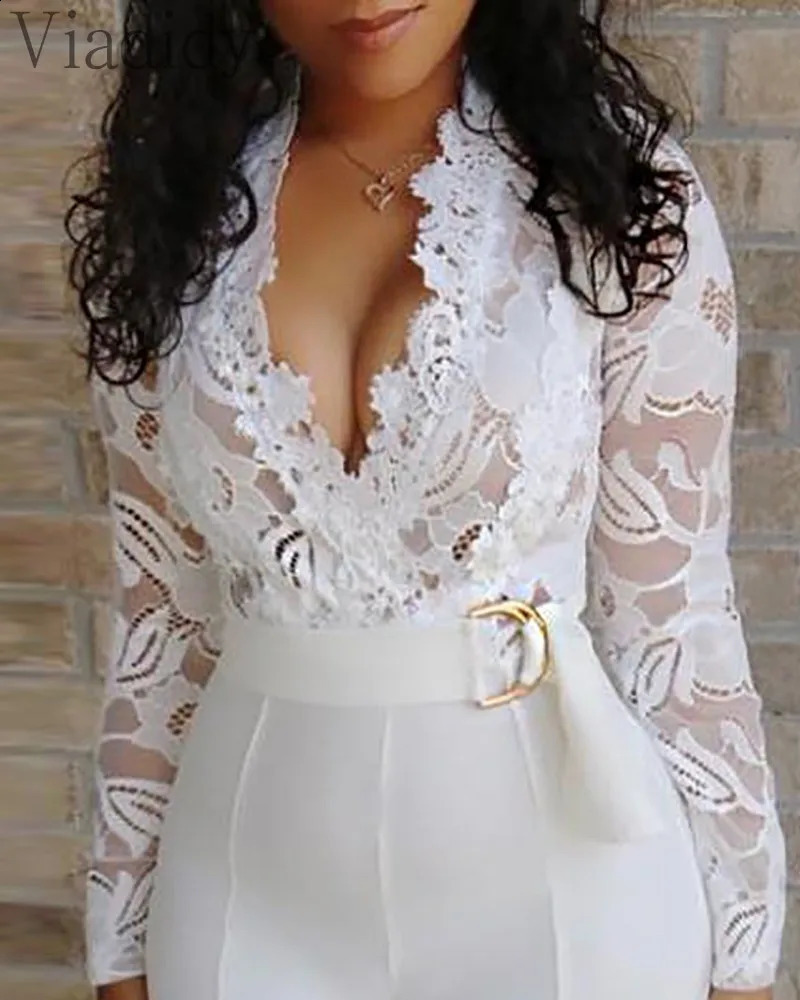 Women White Lace Bodice Insert Bodycon Wide Leg Jumpsuit 240813