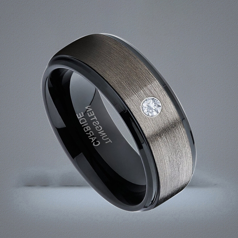 Men039s 8mm Silver Brushed Black edge Tungsten Carbide Ring Diamond wedding band Jewelry for Men US Size 613