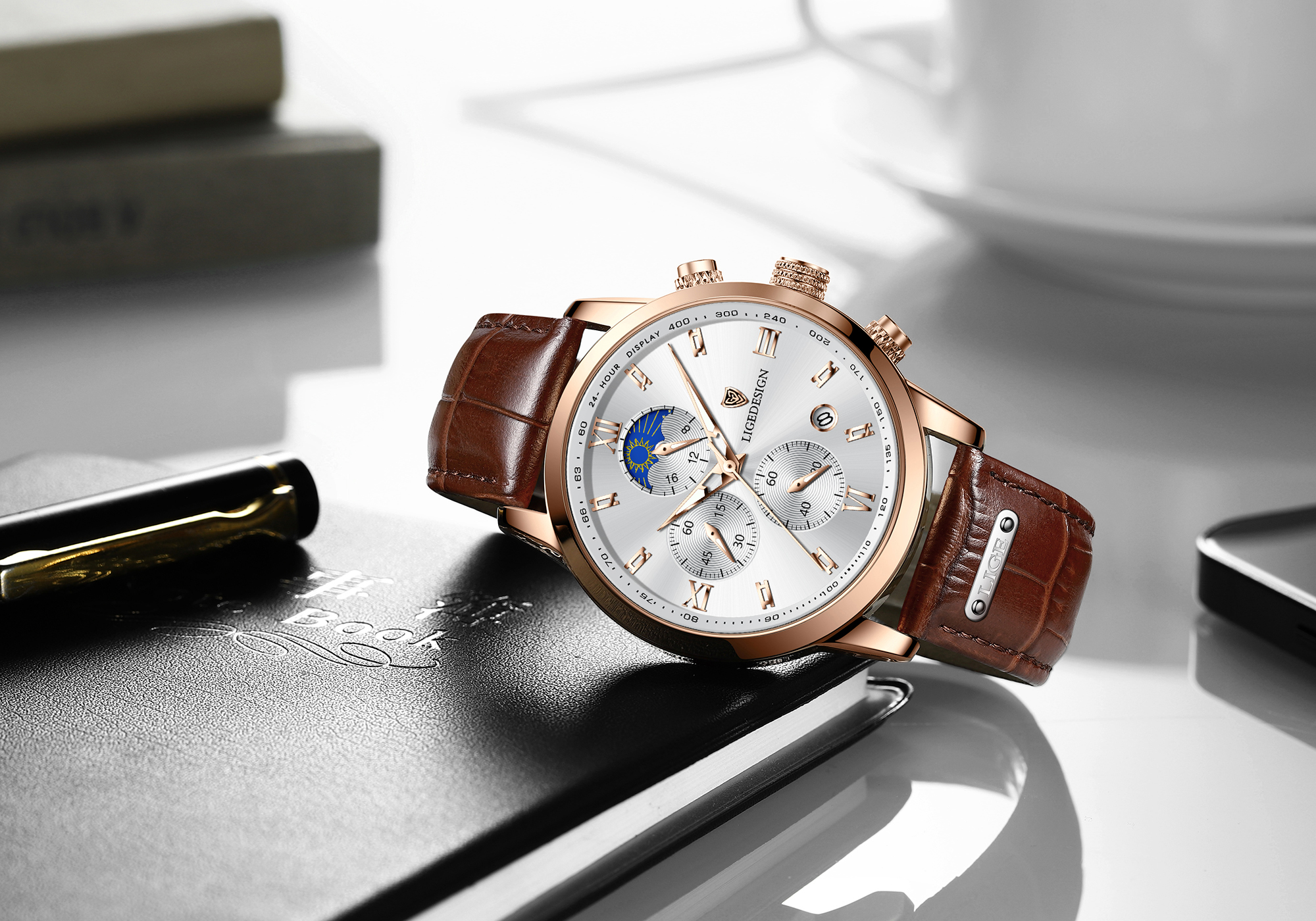 LIGE Men's Quartz Watch 24-hour Moon Phase Calendar Multi-Function Six-pin Watch Classic Business Watch Leather Watch Life Waterproof Watch