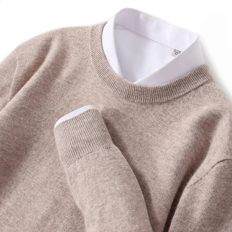 Mens solid color classic O-neck sweater autumn and winter 100% Merino wool knitted pullover long sleeve warm loose top 240821