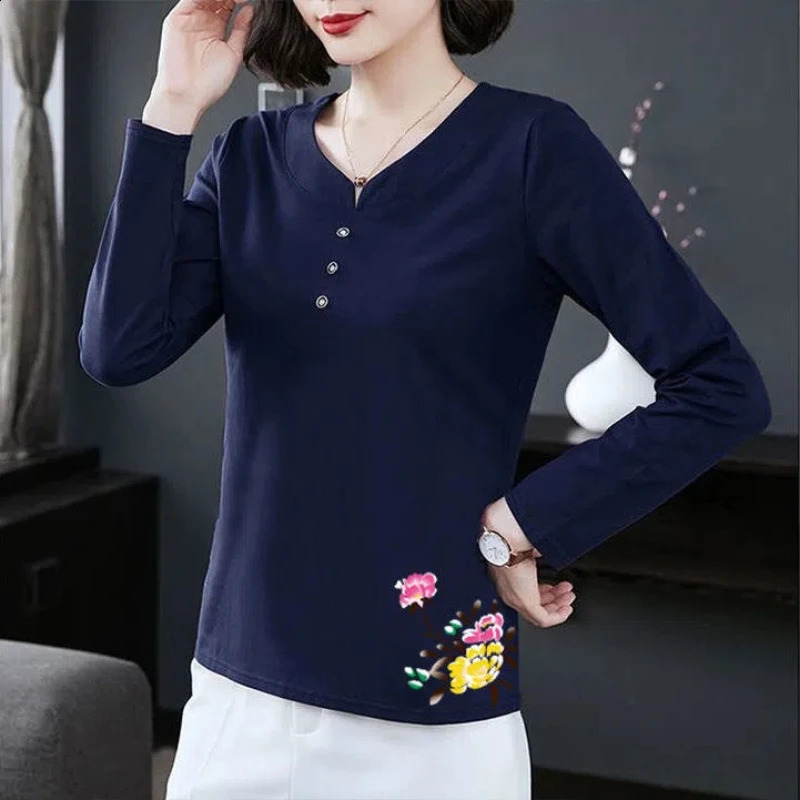 Womens Clothing Spring Autumn Plant Flowers Printing Pullover Geometric Round Neck Long Sleeve T-shirt Flattering Korean Tops 240806