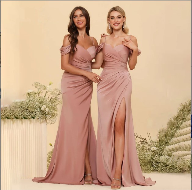 Algentle Off Shoulder Evening 2024 Spaghetti-straps V-Neck Mermaid Party Gowns Pleated Satin Side Slit Bridesmaid Dress