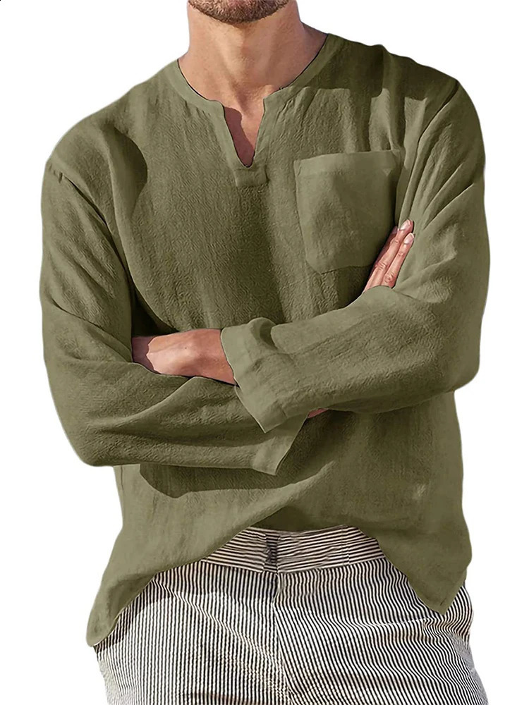 Mens Cotton Linen T Shirt Long Sleeve Hippie Casual Beach Vintage V-Neck Loose Pullover Tops Mens Tees Streetwear 240812