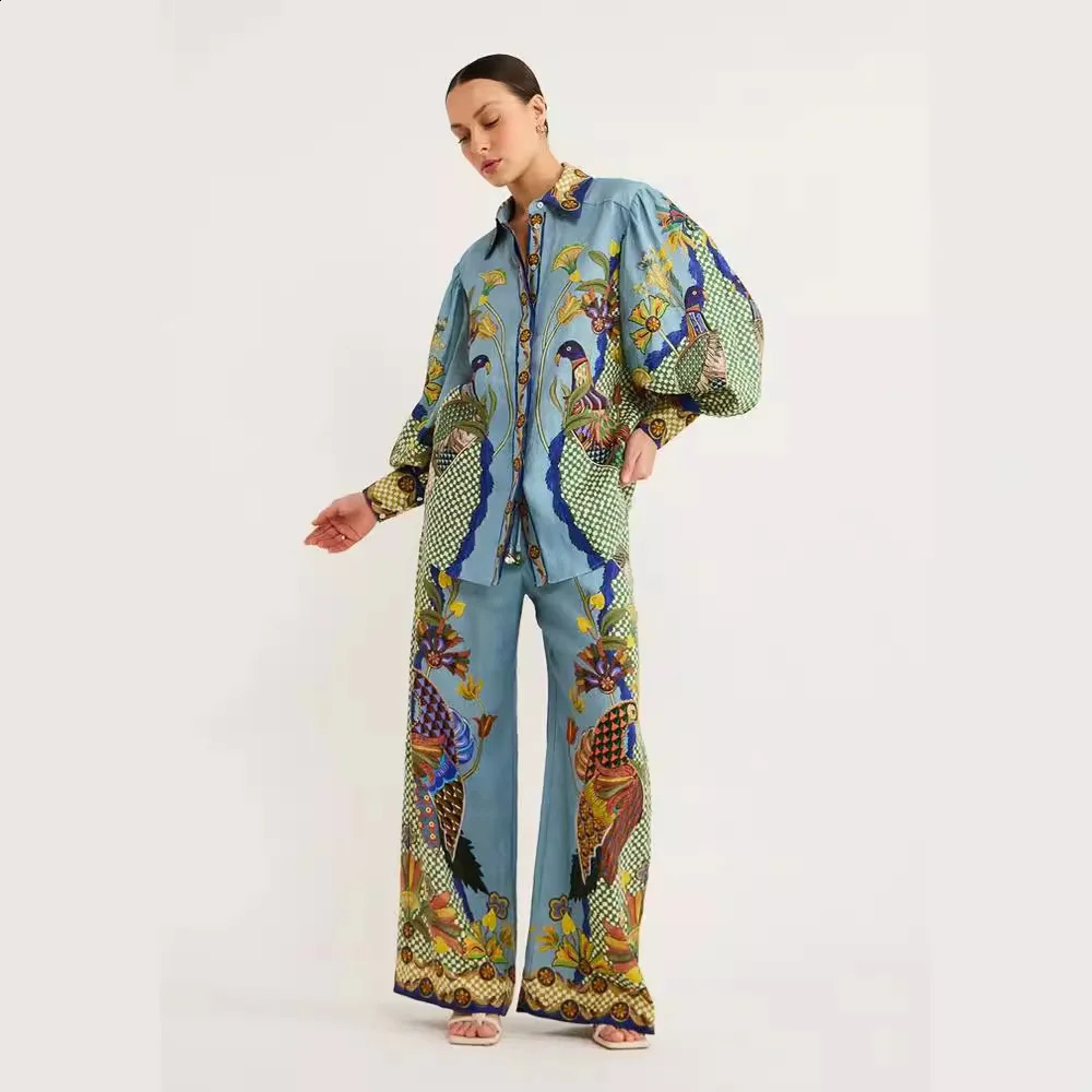 Women Loose Print Pants Suits Bubble Long Sleeve Turn Down Collar Shirts Wide Leg Pant 2 Piece Sets Elegant Ladies Streetwear 240724