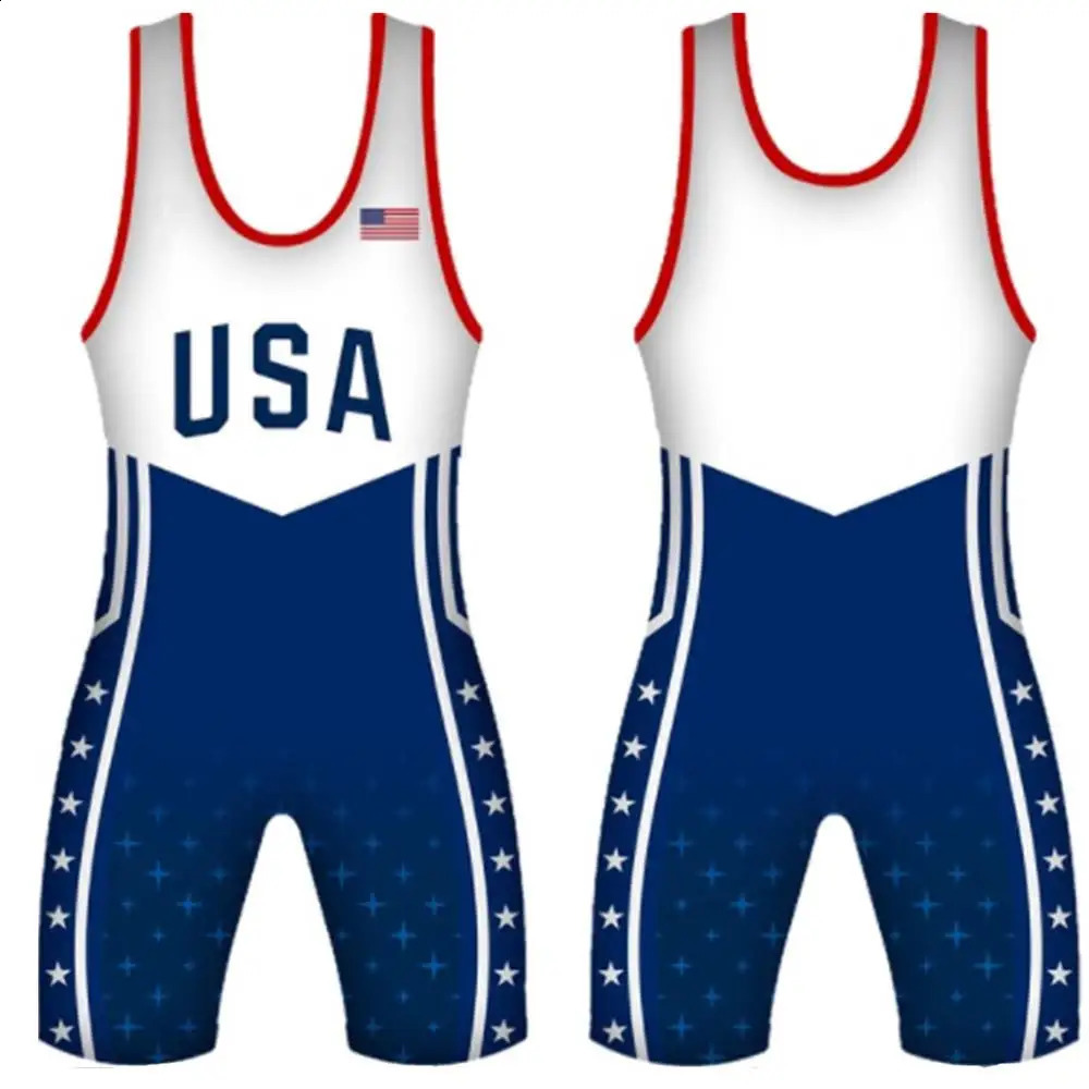 The USA Wrestling Singlets Tight Suit Mens One Piece Bodysuit Breathable Sports Weightlifting PowerLifting Fitness Skinsuit 240718