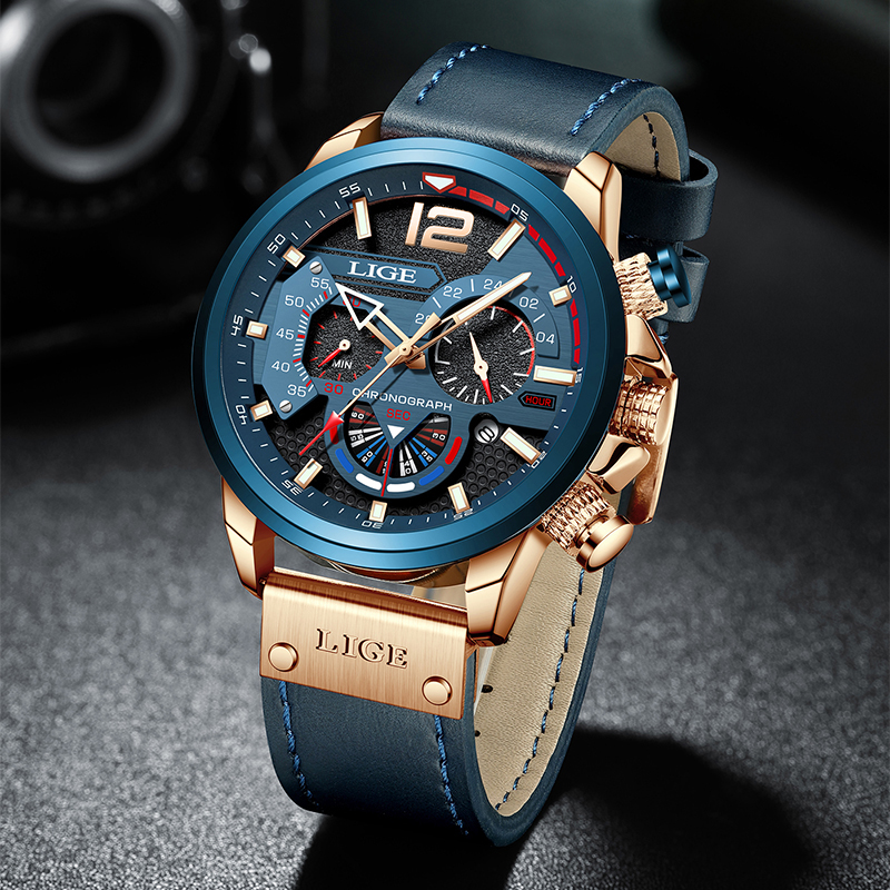 LIGE Fashion Watch Man Luxury Chronograph Sport Mens Watches Quartz Wristwatches Leather Male Waterproof Clock Relogio Masculino