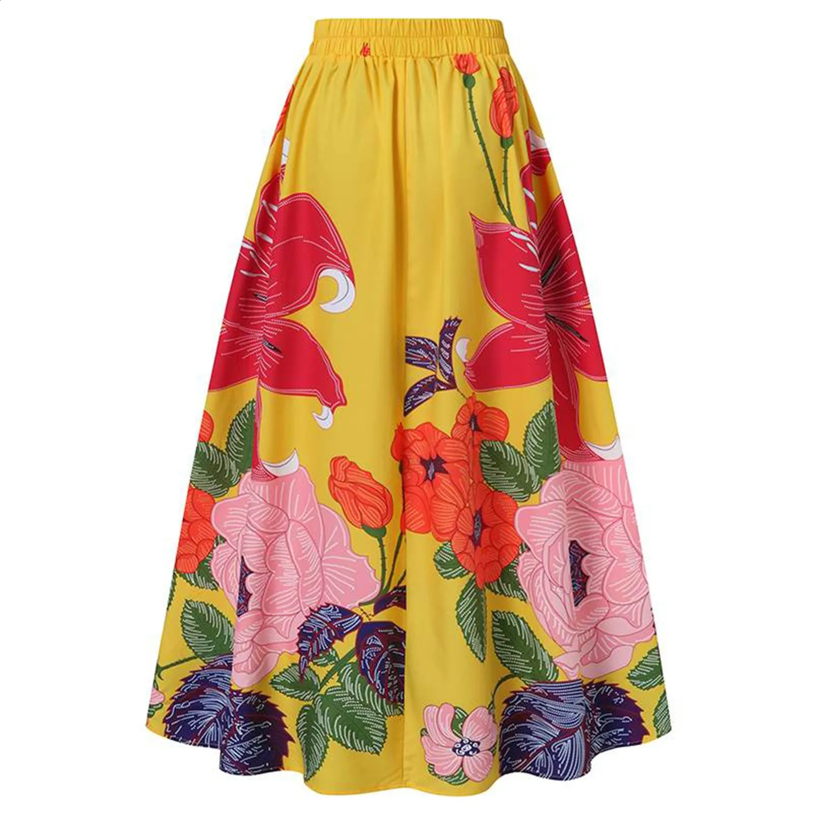 Women Floral Print Maxi Skirt Bohemian High Waist Pocket Party Long Skirt Loose Ruched Dress Elegant Female Fashion A-Line Skirt 240724