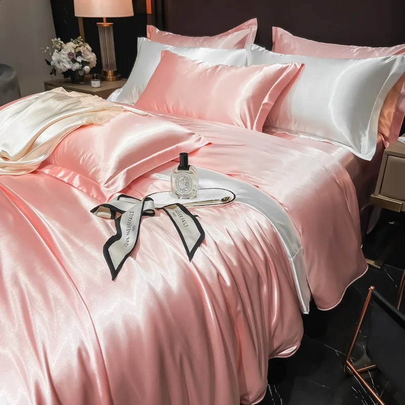 Real 100% Mulberry Silk Bedding Set with Duvet Cover FittedFlat Bed Sheet Pillowcase Solid Color 4pcs King Queen Twin Sets 240724