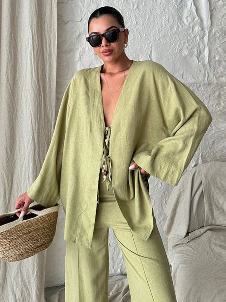 Cotton Two Piece Set Women Casual Lace Up Bow V Nack Female Shirt Suits Wide Leg Pants Autumn in Matching Lady Outfits 240725