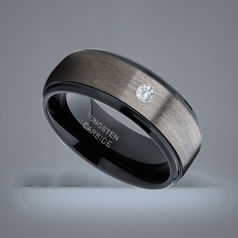 Men039s 8mm Silver Brushed Black edge Tungsten Carbide Ring Diamond wedding band Jewelry for Men US Size 613