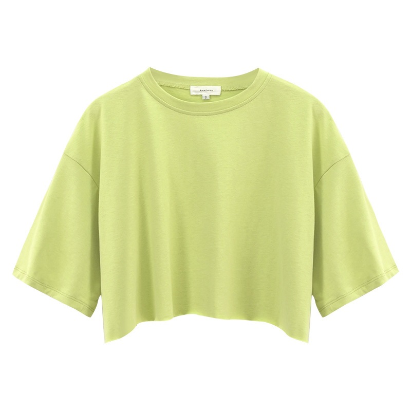 Short Sleeve T-Shirt Women's Summer New Cotton Solid Color Short Exposed Neck Round Neck Sports Style T-Shirt Tops