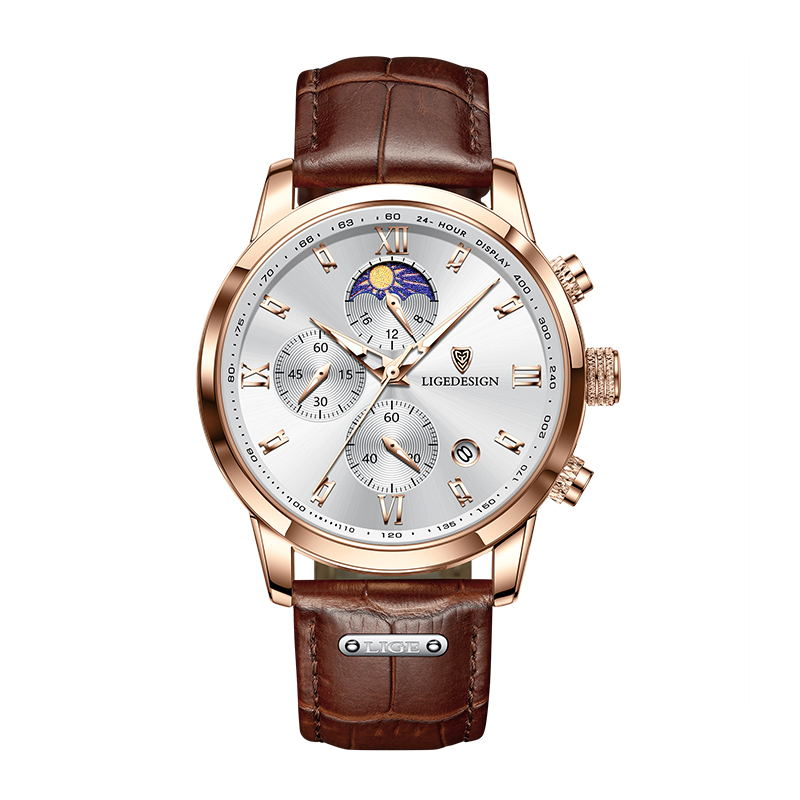 LIGE Men's Quartz Watch 24-hour Moon Phase Calendar Multi-Function Six-pin Watch Classic Business Watch Leather Watch Life Waterproof Watch Local