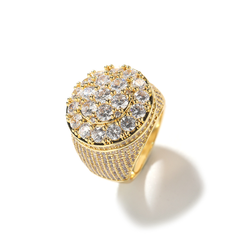 Hip Hop 5A Zircon Round Flower Rings 18K Real Gold Plated TopBling Mens Jewelry