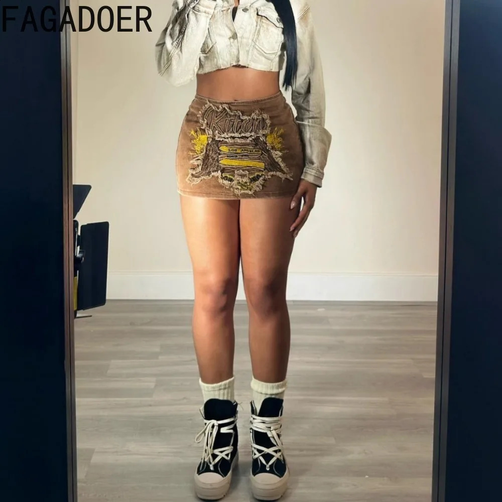 FAGADOER Retro Fashion Y2K Brown Embroidery Denim Skirts Women High Waisted Elasticity Mini Skirt Summer Matching Bottoms 240725
