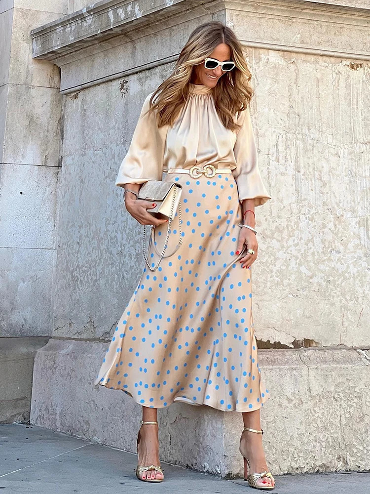 Womens Long Satin Skirt Midi Elegant High Waist Polka Dot Autumn Office A-line Vintage Silk Printed Skirt Female Skirt 240724