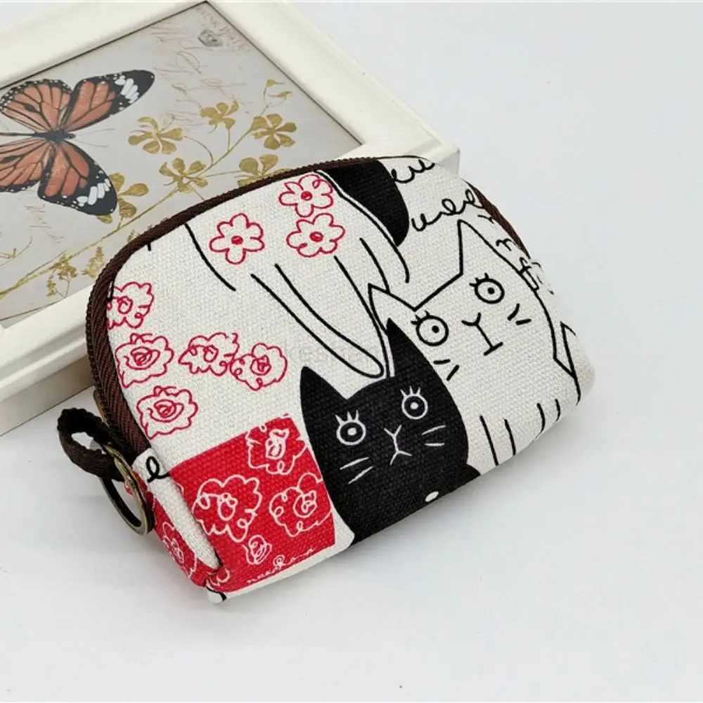 Retro Cat Small Canvas Mini Bag Women Coin Purses Kawaii Short Wallet Girls Purse Card Bags Womens Hand Purses for Ladies KidsXJ240725
