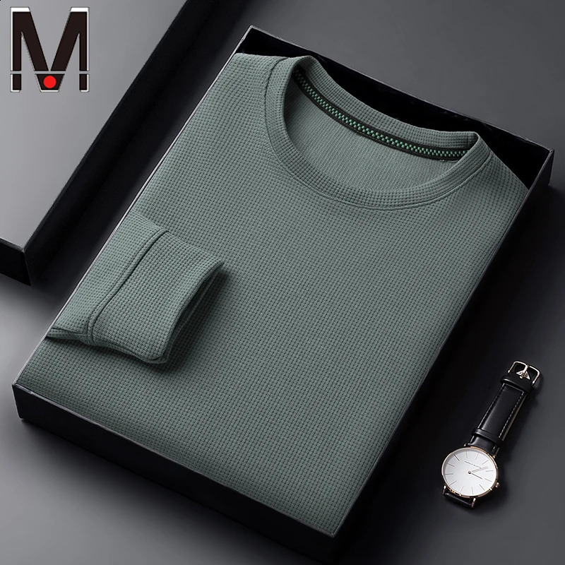Mens Waffle Round Neck Long Sleeved T-shirt Summer Comfortable Top 240812