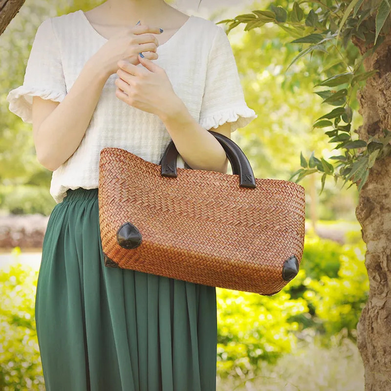 Handmade straw bag retro rattan straw woven handy beach bag simple art weaving bag 250207