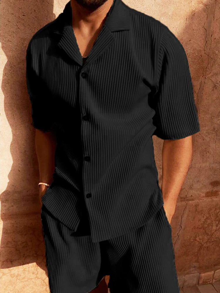 Daily Casual Mens Corduroy Outfits Solid Color Short Sleeve Ribbed Shirt And Shorts Two Piece Suits Men Streetwear Fashion Sets 240716