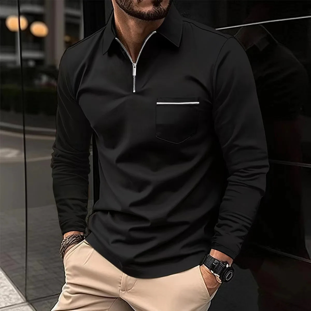 Mens autumn solid color classic daily long sleeved pocket sleeve lapel shirt casual sports zipper long sleeved polo shirt 240824