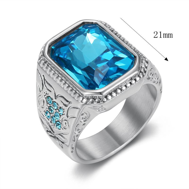 Hip Hop Casting Ring Ice Blue Rhinestone Titanium Steel Gold Plated Mens Jewelry