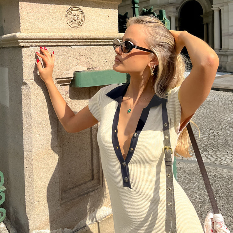 Designer dresses V-neck Solid Color Elegant Fashion Long Y2K Vintage Knit Dresses Women's Summer Casual Long Dresses