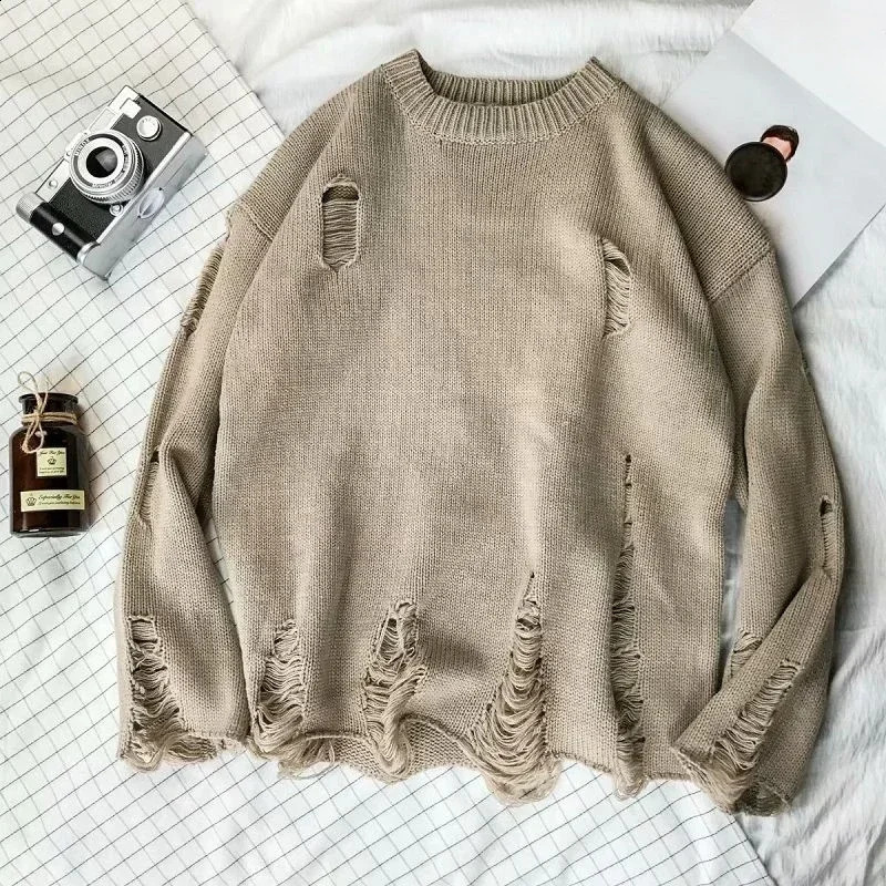Knitted Sweaters for Men Pullovers Plain Round Collar Man Clothes Solid Color Crewneck Torn with Holes Black Over Fit Knit A Old 240821