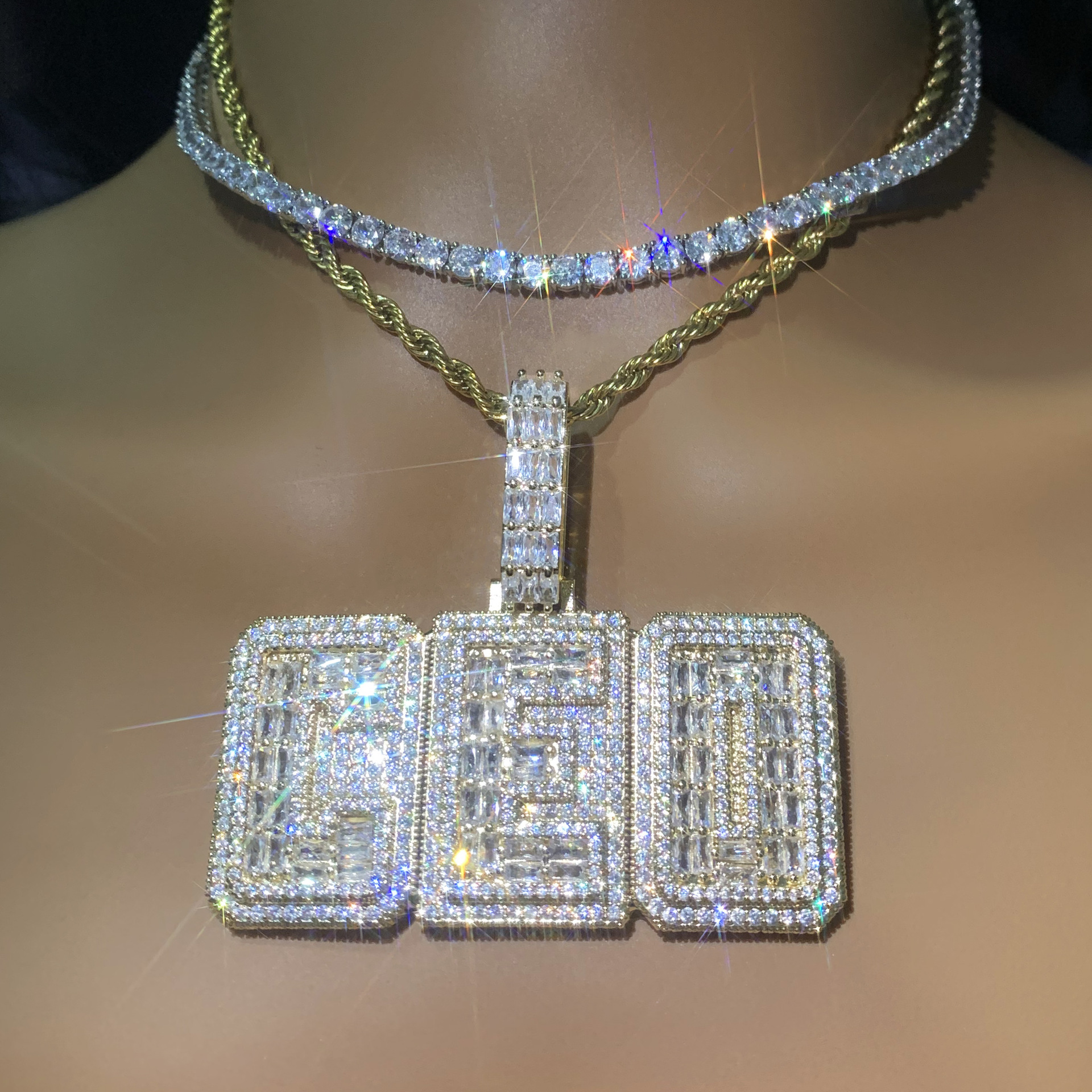Custom A-Z 26 Letters Suqare Pendant Necklace 5A T Zircon 18k Gold Plated Jewelry