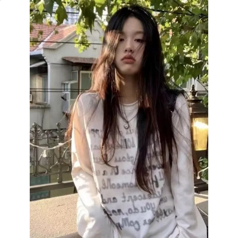 Cotton Y2K top retro spring summer Korean fashion streetwear letter printed loose thin white long sleeved T-shirt for women 240826