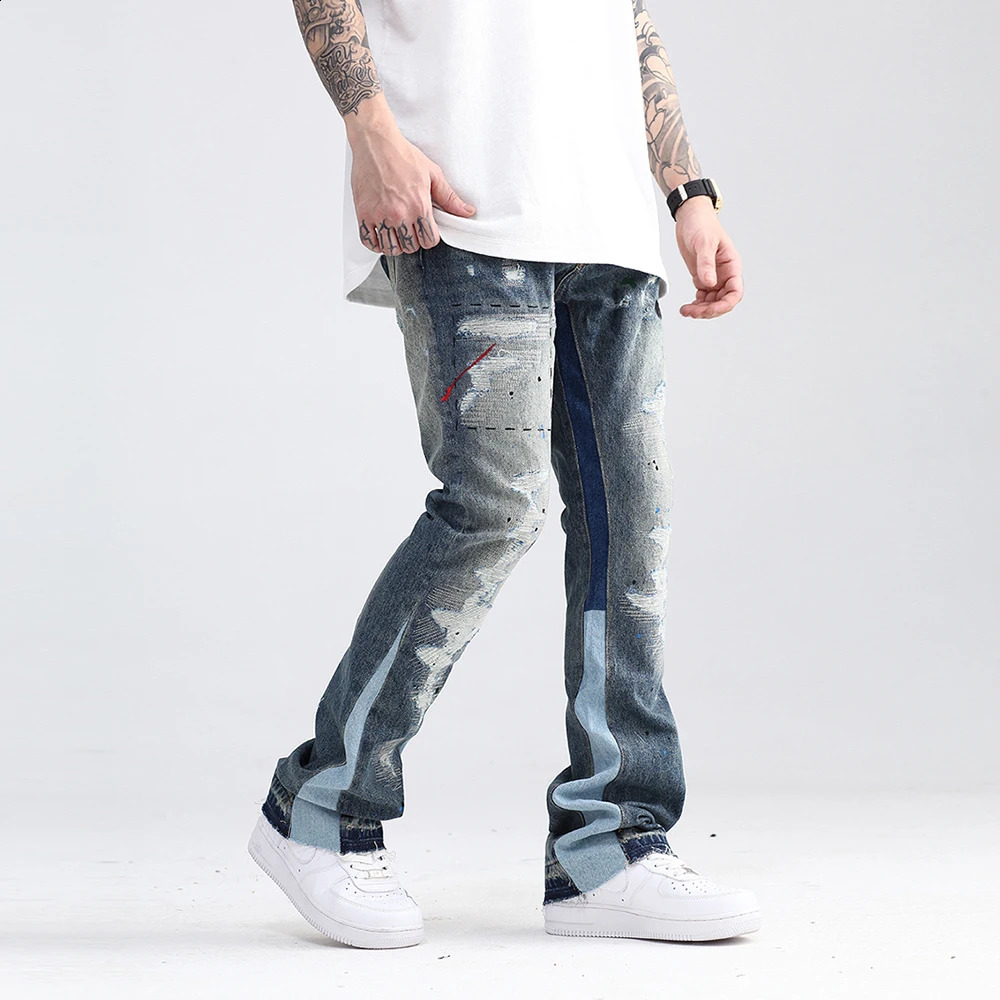Blue Speckle ink Washed Destroyed Flared Jean Pants Hip Hop Graffiti Ripped Denim Jeans for Men Streetwear Vintage Wide Jeans 240724