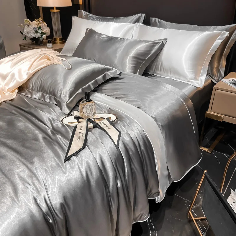 Real 100% Mulberry Silk Bedding Set with Duvet Cover FittedFlat Bed Sheet Pillowcase Solid Color 4pcs King Queen Twin Sets 240724