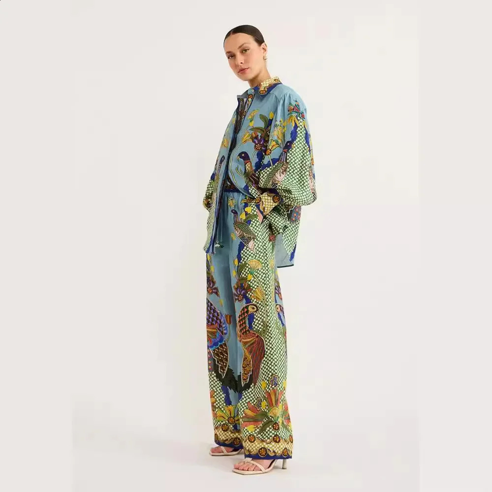 Women Loose Print Pants Suits Bubble Long Sleeve Turn Down Collar Shirts Wide Leg Pant 2 Piece Sets Elegant Ladies Streetwear 240724