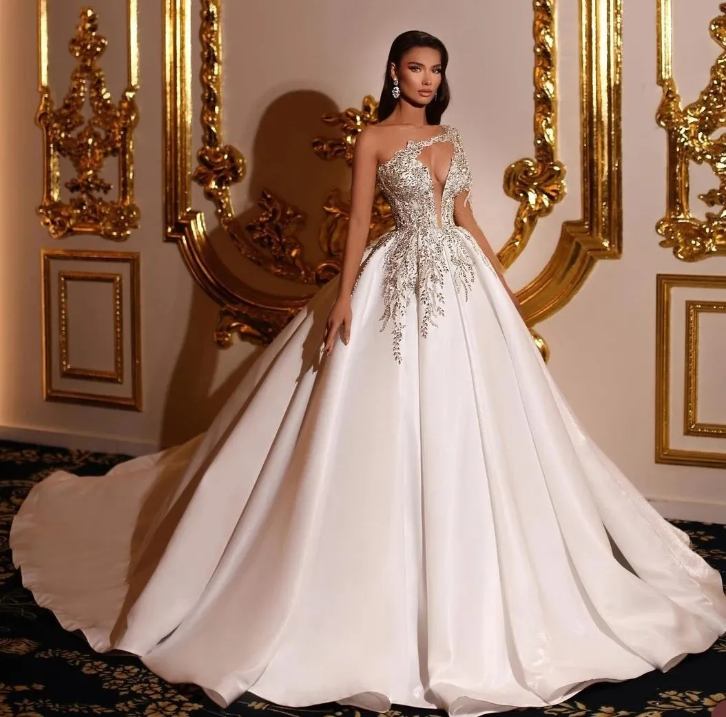 2024 Arabic Aso Ebi Plus Size Ivory Ball Gown Wedding Dresses Lace Beaded Crystals One Shoulder Bridal Gowns Dress For Mariage 0219