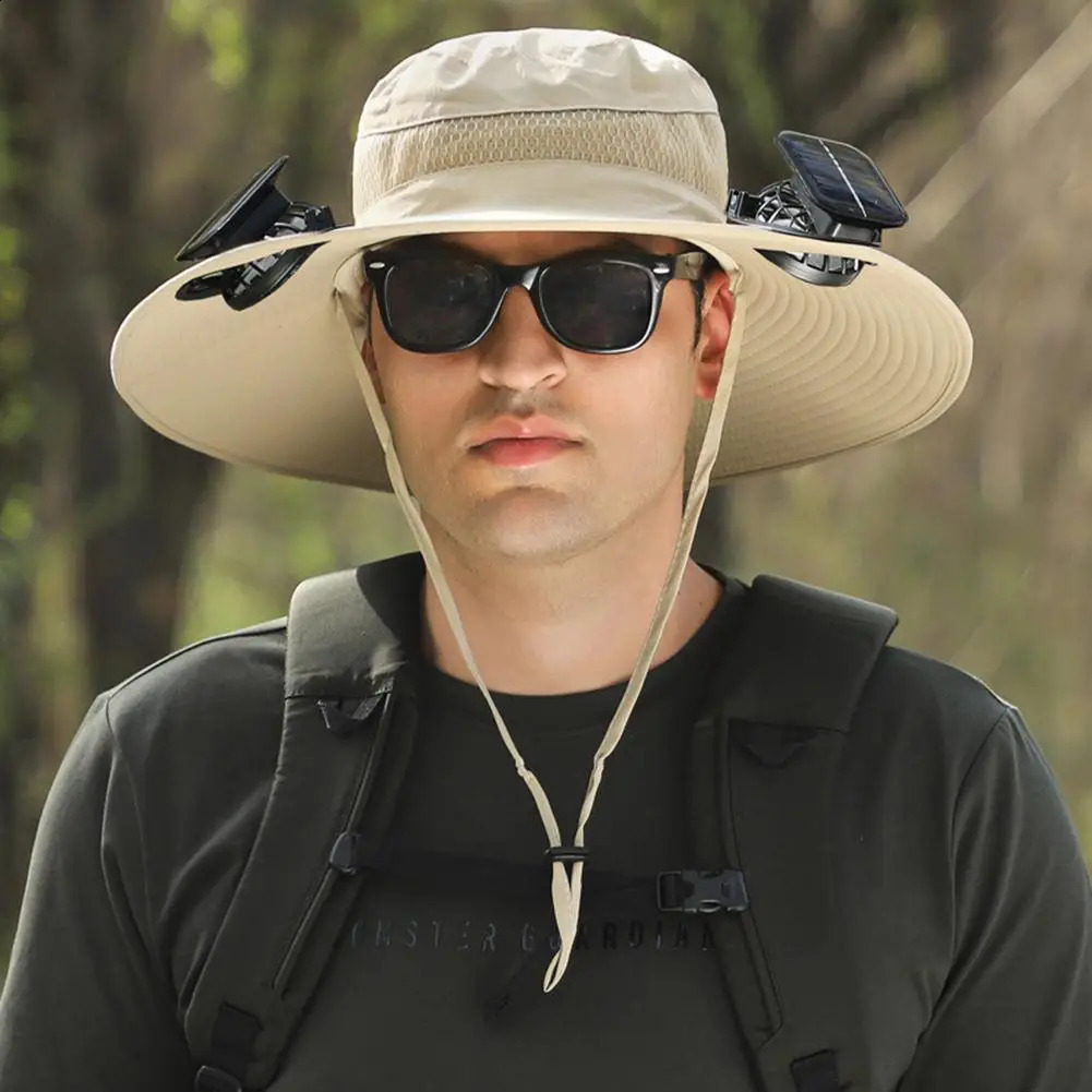 Solar Fan Fisherman Hat Outdoor Big Brim Sunscreen Quick Drying Fishing Hat Mens Charging Big Wind Hat with Fan 240710