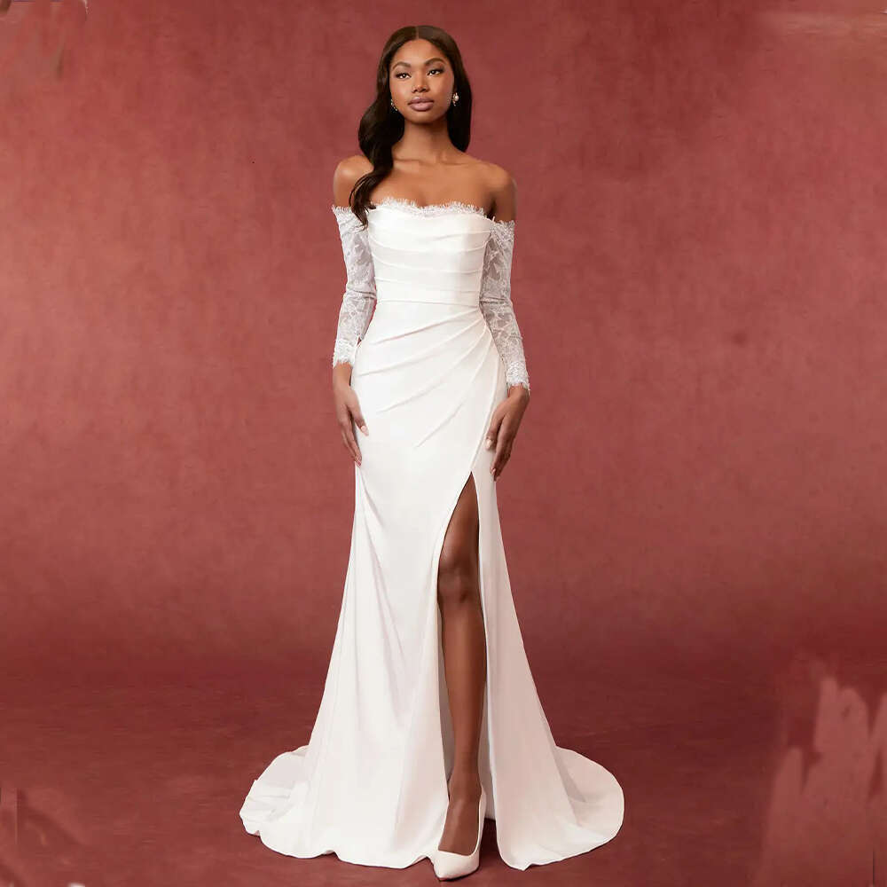 Off Modern The Shoulder Long Sleeves Lace Sheat Wedding Dresses Side Slit Sweep Train Custom Made Vestido De Noival