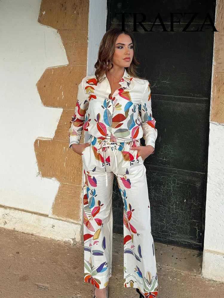 TRAFZA Women Suits Print Turn-Down Collar Long Sleeves Single Breasted Casual ShirtsHigh Waist Pockets Zipper Wide Leg Pants 240724