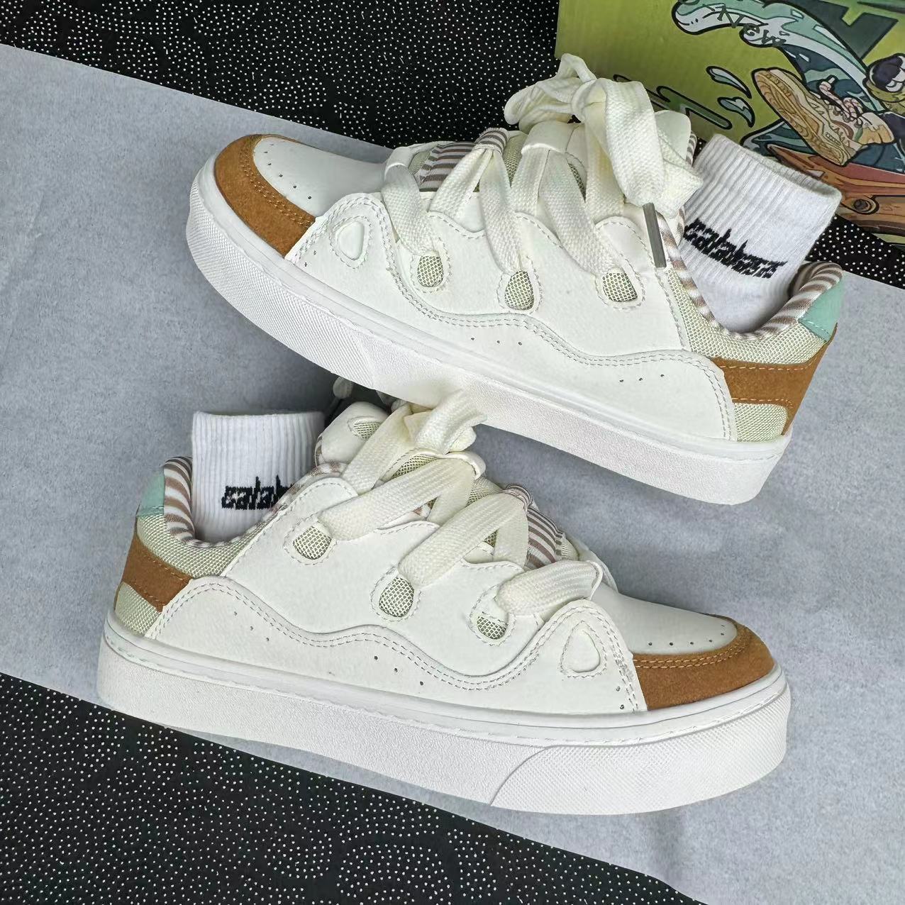 Men's and women's beige brown contrasting splicing breathable casual shoes