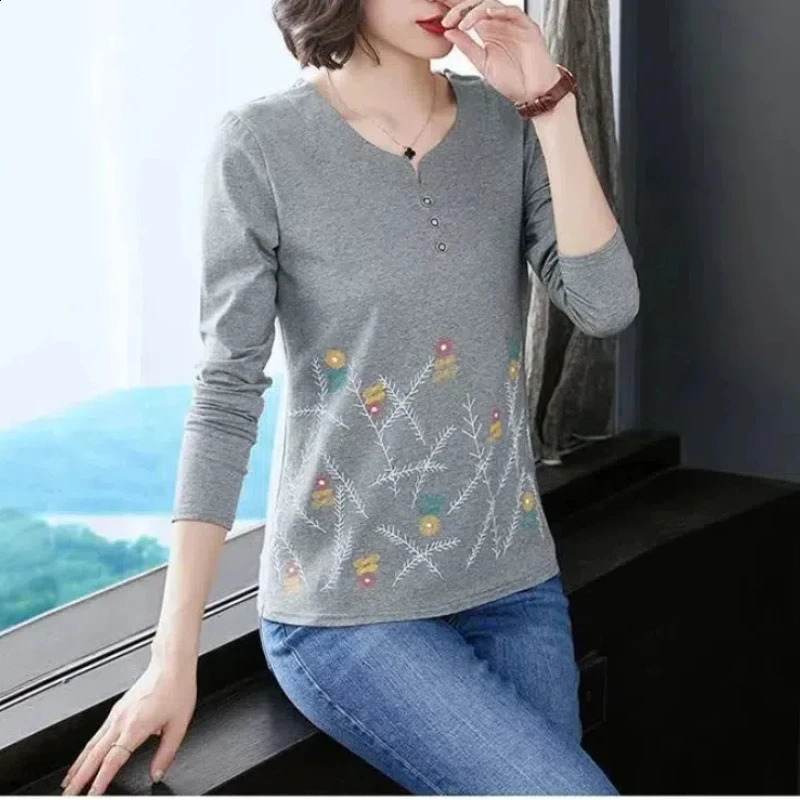 Womens Clothing Spring Autumn Plant Flowers Printing Pullover Geometric Round Neck Long Sleeve T-shirt Flattering Korean Tops 240806