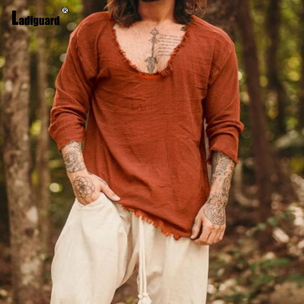 Mens Patchwork T-shirt Men Long Sleeve Fashion Ripped Cotton Tops Latest Summer Casual Linen Pullovers Sexy Mens clothing 240812