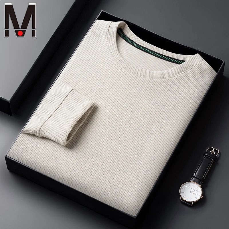 Mens Waffle Round Neck Long Sleeved T-shirt Summer Comfortable Top 240812