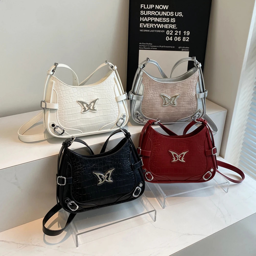 Crescent Bag for Women Butterfly Hobo PU Leather Solid Y2K Shoulder Adjustable Strap Handbag Travel Party Work 240724