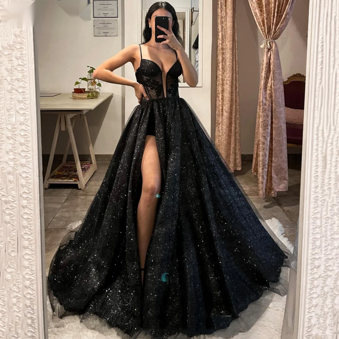 Jessica Black Glitter Prom Sexy Spaghetti Straps And High Slit Evening Dresses Princess Formal Ocns Party Dress 0213