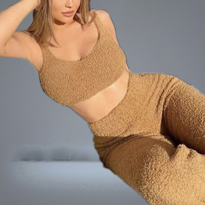 Women039s Tracksuits Women Sexy 2 Piece Fuzzy Plush Outfits VNeck Backless Crop Top Long Pants Winter Sweater Solid Color Paja