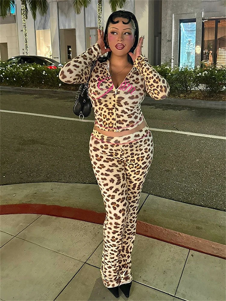 WLWXR Autumn Leopard Print 2 Piece Set Causal Street Outfits Women 2024 Y2K Fashion Long Sleeve Zip Hooded Crop Tops Pants Set 240722